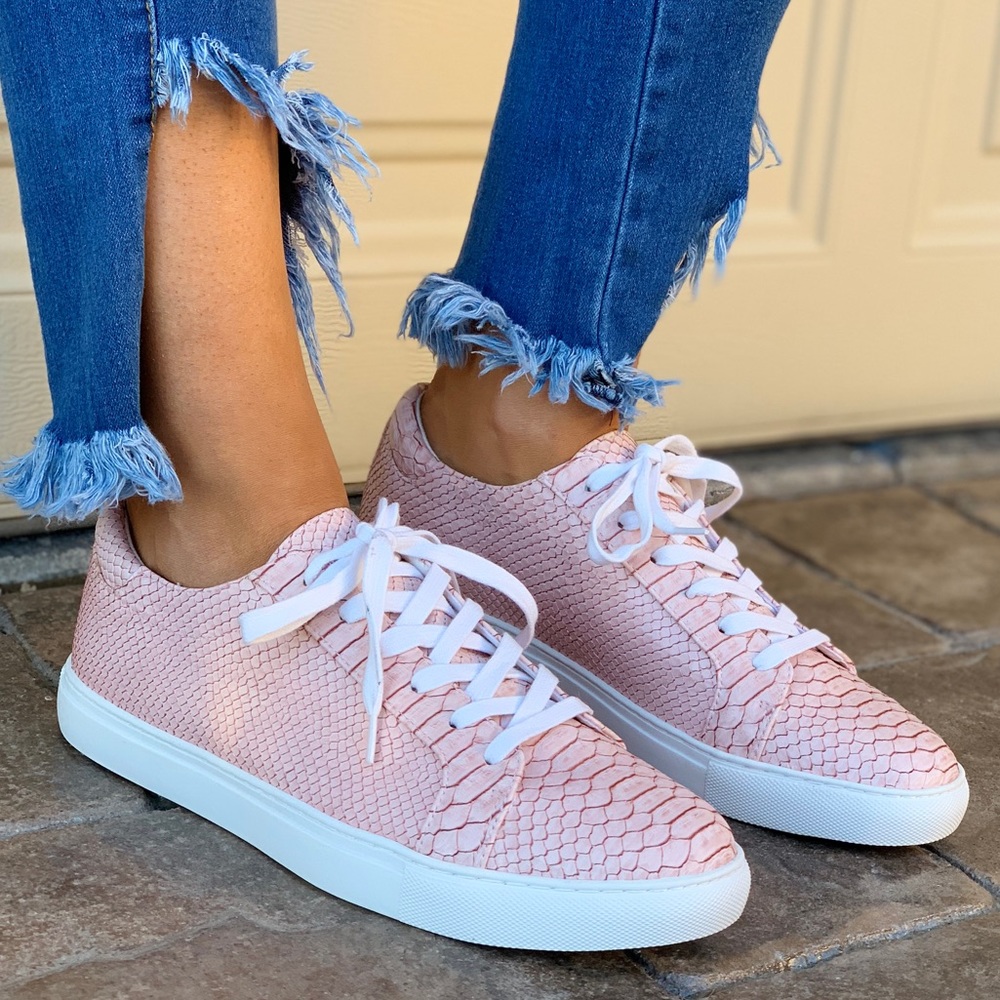 Blush Snake Embossed Low Top Lace Up Sneakers - Picture 1 of 7